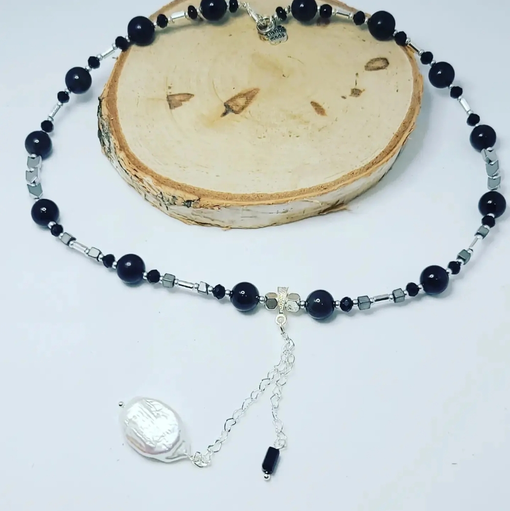 Black Agate, Hematite,  Pearl charm choker